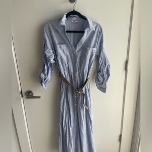 Zara Blue and White Striped Shirt Dress with Tan Belt